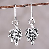 Sterling silver dangle earrings, 'Fancy Foliage' - Sterling Silver Textured Leaves Dangle Earrings from India