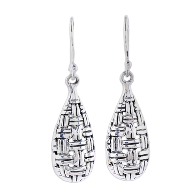 Sterling silver dangle earrings, 'Woven Dew' - Sterling Silver Basketweave Dangle Earrings from India