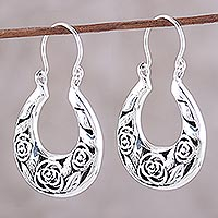Sterling silver hoop earrings, 'Ring Around the Roses' - Sterling Silver Three Rose Hoop Earrings from India