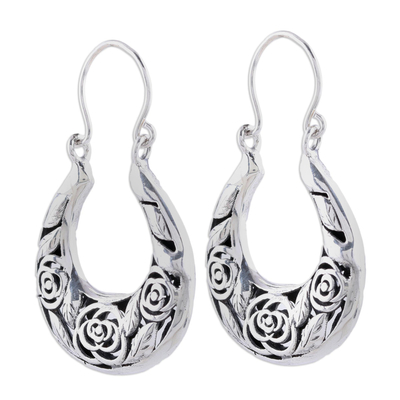 Sterling silver hoop earrings, 'Ring Around the Roses' - Sterling Silver Three Rose Hoop Earrings from India