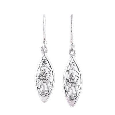 Sterling silver dangle earrings, 'Garden Glimpse' - Sterling Silver Floral Ovals Dangle Earrings from India