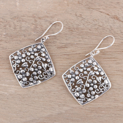 Sterling silver dangle earrings, 'Garden Blooms' - Sterling Silver Floral Diamonds Dangle Earrings from India