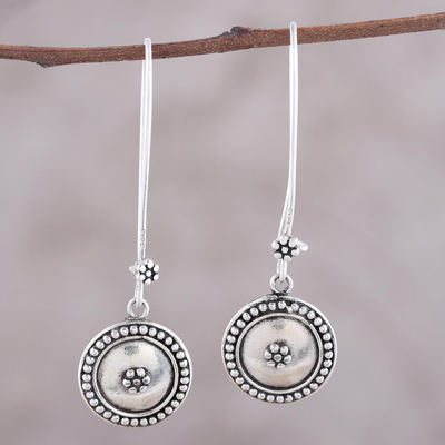 Sterling silver dangle earrings, 'Floral Coin' - Sterling Silver Dotted Floral Medallion Dangle Earrings