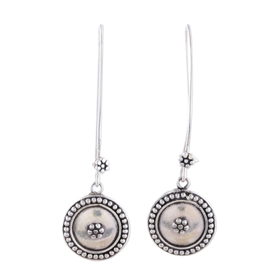 Sterling silver dangle earrings, 'Floral Coin' - Sterling Silver Dotted Floral Medallion Dangle Earrings