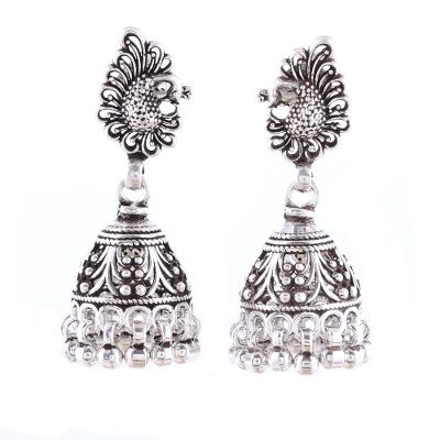 Sterling silver chandelier earrings, 'Jhumki Peacocks' - Sterling Silver Peacock Jhumki Chandelier Earrings