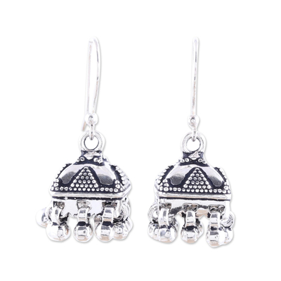 Sterling silver chandelier earrings, 'Dancing Jhumki' - Sterling Silver Dotted Statement Jhumki Chandelier Earrings
