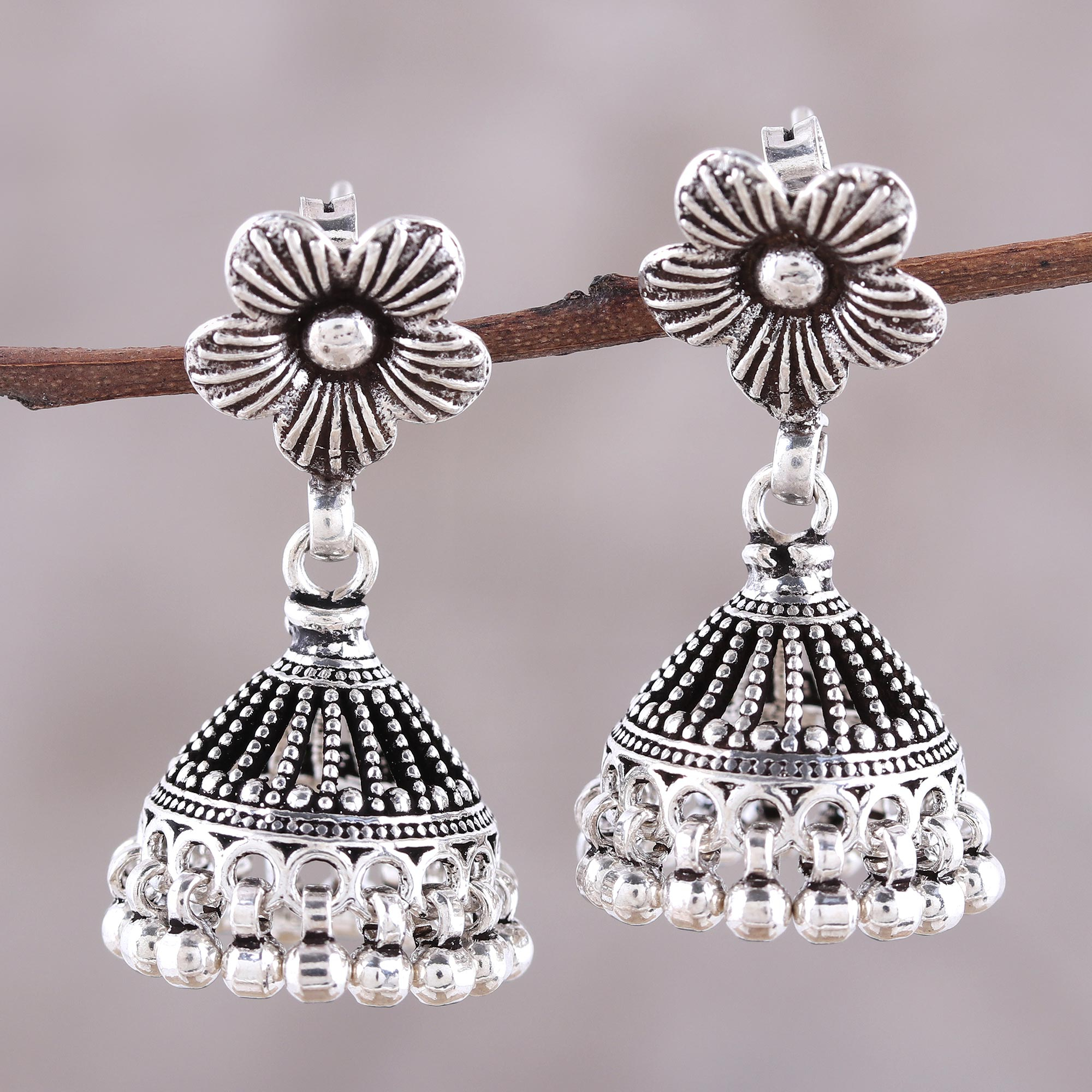 Sterling Silver Jhumki Floral Parasol Chandelier Earrings, 'Floral Parasol'