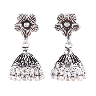 Sterling silver chandelier earrings, 'Floral Parasol' - Sterling Silver Jhumki Floral Parasol Chandelier Earrings