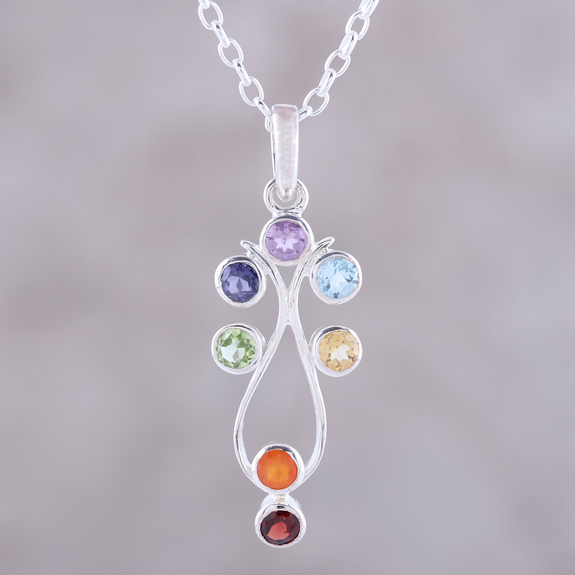 Sterling Silver and MultiGemstone Chakra Pendant Necklace Wellspring