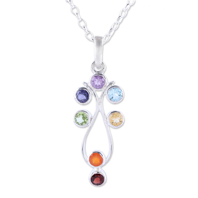 Multi-gemstone pendant necklace, 'Wellspring of Energy' - Sterling Silver and Multi-Gemstone Chakra Pendant Necklace