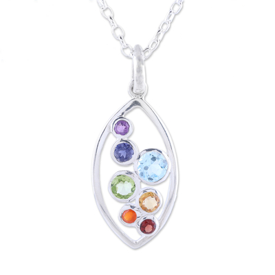 Multi-gemstone pendant necklace, 'Rainbow Within' - Multi-Gemstone and Sterling Silver Ellipse Pendant Necklace