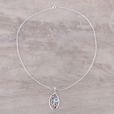 Multi-gemstone pendant necklace, 'Rainbow Within' - Multi-Gemstone and Sterling Silver Ellipse Pendant Necklace