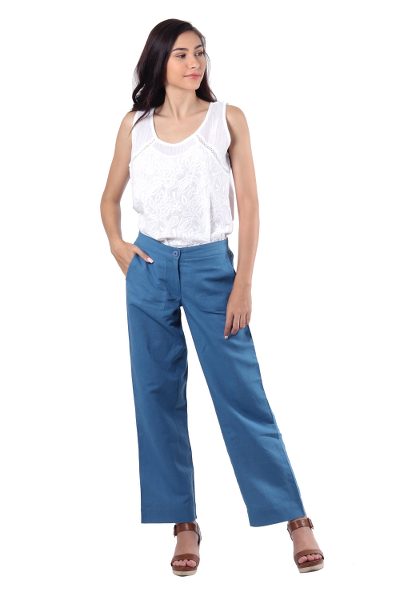Linen blend pants, 'Relaxed Yet Refined' - Azure Blue Linen Blend Relaxed Fit Pants from India
