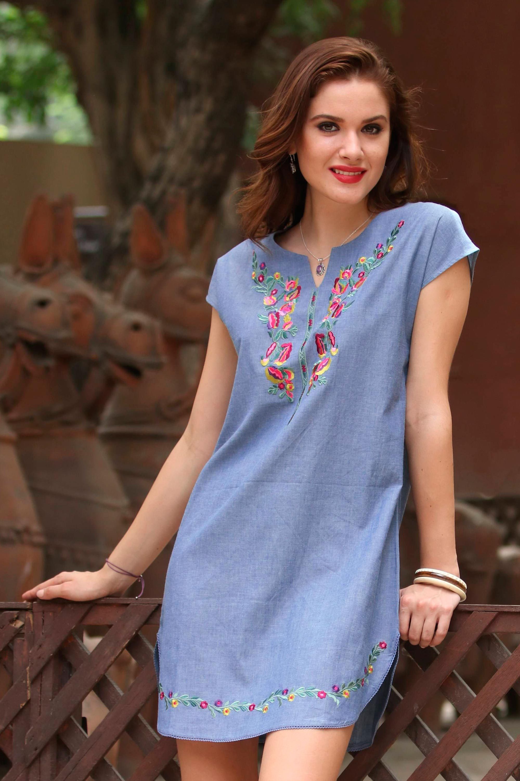 Blue Cotton Embroidered Short Sleeved Casual Dress Spring Rejoice