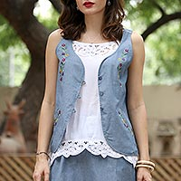Handcrafted Blue Cotton Floral Embroidered Vest with Pockets,'Spring Celebration'