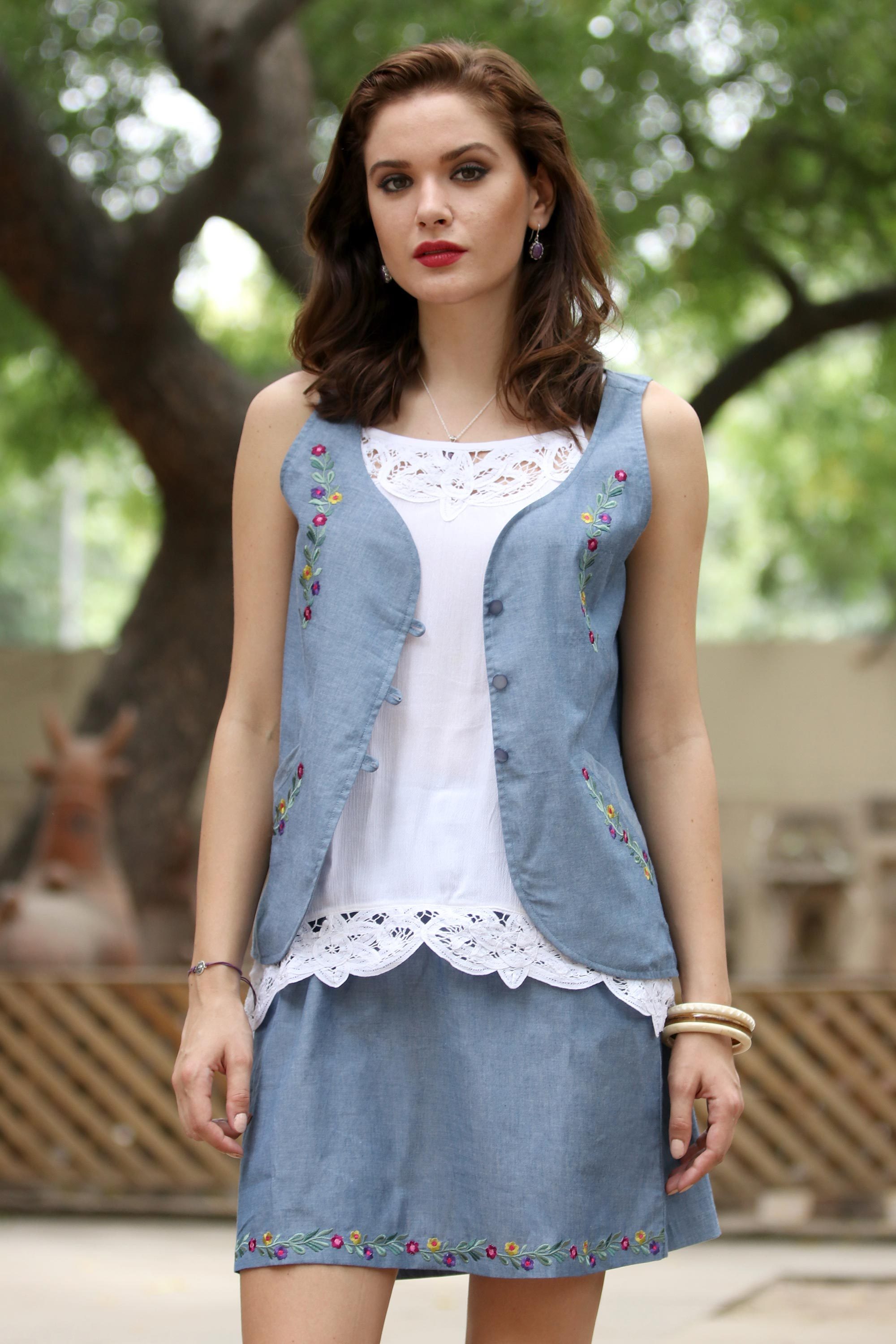 UNICEF Market Handcrafted Blue Cotton Floral Embroidered Vest with