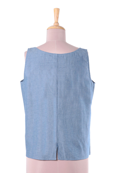 Cotton vest, 'Spring Celebration' - Handcrafted Blue Cotton Floral Embroidered Vest with Pockets