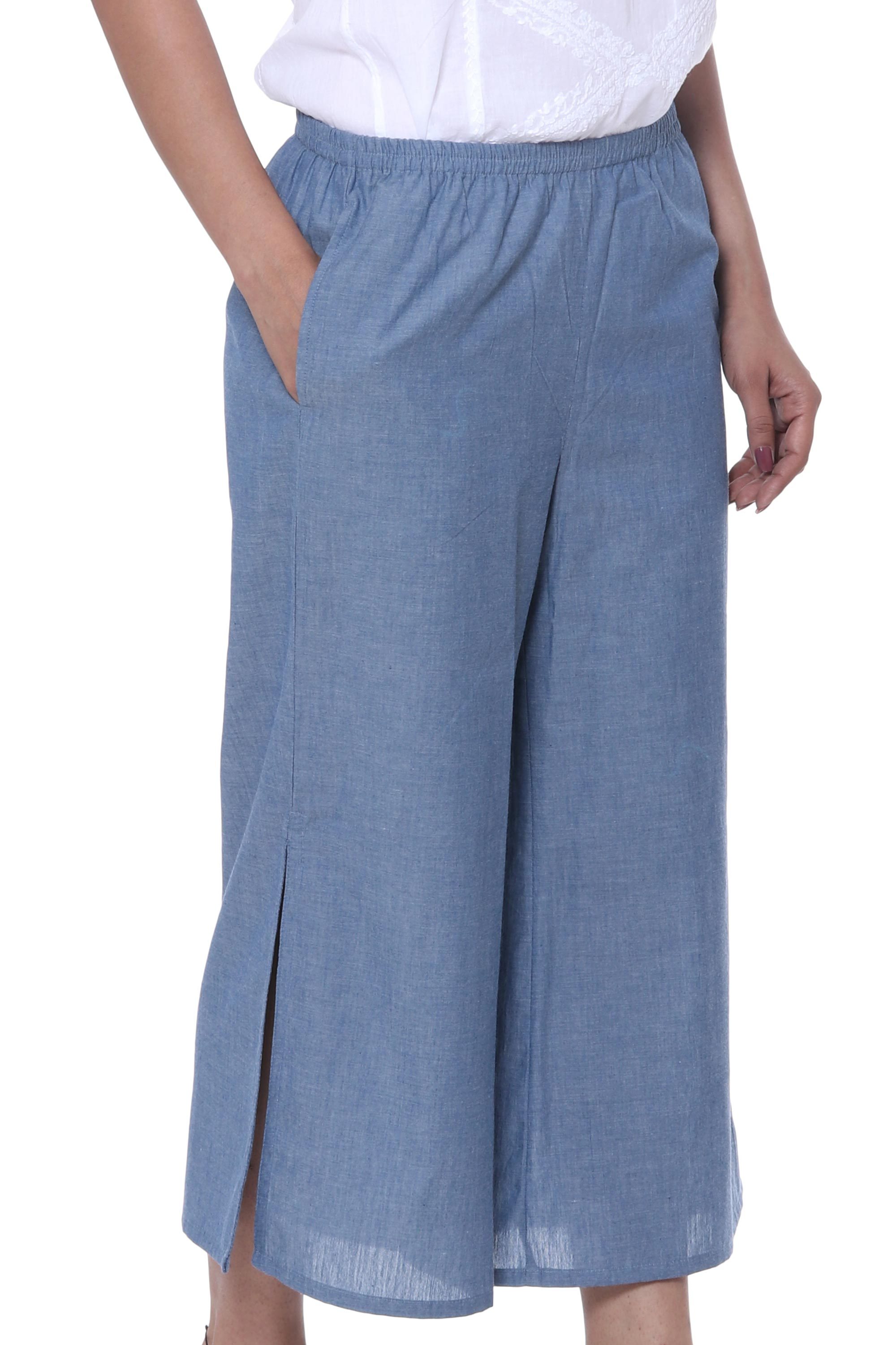 Handmade Blue Cotton Stretch Pair of Casual Capri Pants Casual Blue