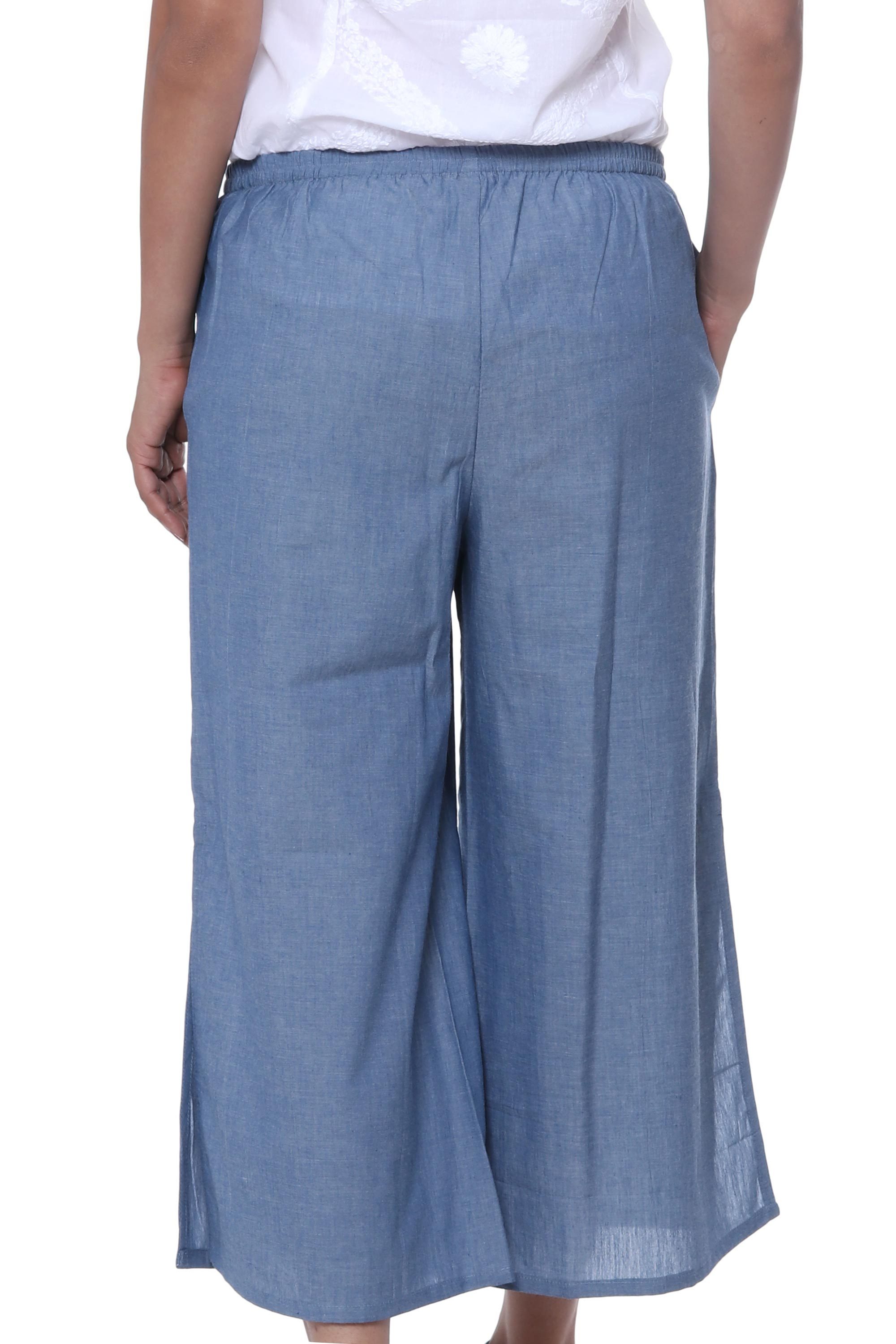 Handmade Blue Cotton Stretch Pair of Casual Capri Pants Casual Blue