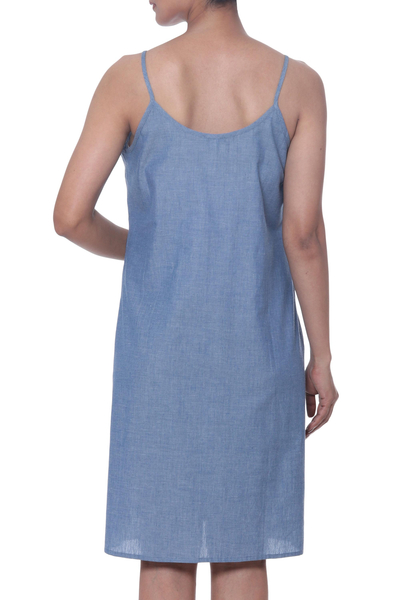 Sommerkleid aus Baumwolle - Blaues, mit Blumen besticktes, legeres Sommerkleid aus Baumwolle aus Indien