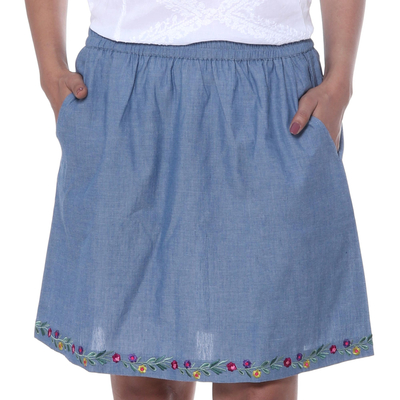Falda de algodón, 'Spring Feast' - Falda casual corta bordada floral de algodón azul