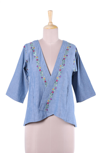 Blue Cotton Floral Embroidered Open Kimono Jacket
