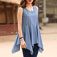 Cotton blouse, 'Floral Adornment' - Blue Cotton Floral Embroidered Peplum Sleeveless Blouse