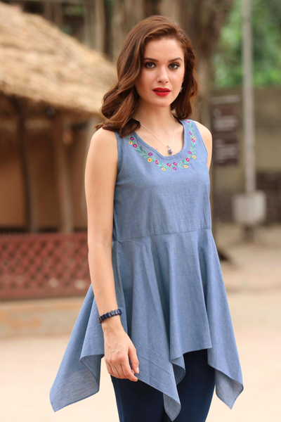 Cotton blouse, 'Floral Adornment' - Blue Cotton Floral Embroidered Peplum Sleeveless Blouse