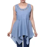 Cotton blouse, 'Floral Adornment' - Blue Cotton Floral Embroidered Peplum Sleeveless Blouse