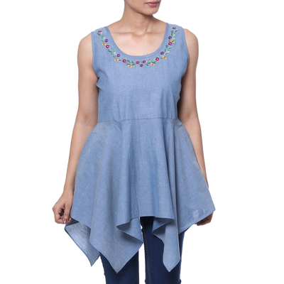 Blusa de algodón - Blusa sin mangas péplum con bordado floral de algodón azul