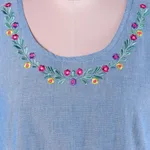 Cotton blouse, 'Floral Adornment' - Blue Cotton Floral Embroidered Peplum Sleeveless Blouse