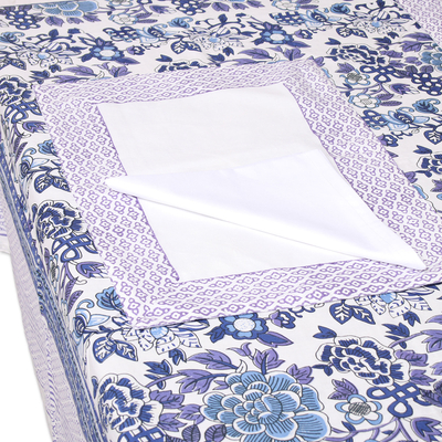 Cotton table linen set, 'Royal Garden' (set for 6) - Floral Cotton Table Linen Set in Blue from India (Set for 6)