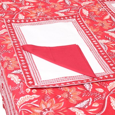 Cotton table linen set, 'Red Garden' (set for 6) - Floral Cotton Table Linen Set in Red from India (Set for 6)