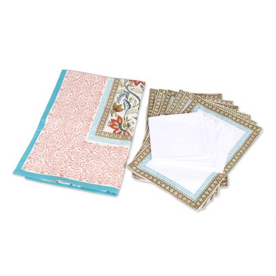 Cotton table linen set, 'Colorful Garden' (set for 6) - Multicolored Floral Cotton Table Linen Set (for 6)