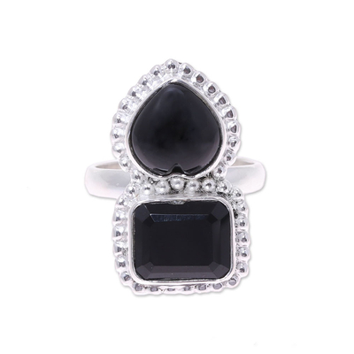 Faceted Black Onyx Sterling Silver Heart Cocktail Ring