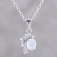 Rhodium plated rainbow moonstone pendant necklace, 'Misty Blossom' - Rhodium Plated Silver Rainbow Moonstone Pendant Necklace