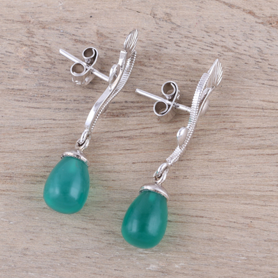 Green onyx dangle earrings, 'Dew on the Vine' - Green Onyx Rhodium-Plated Sterling Silver Dangle Earrings