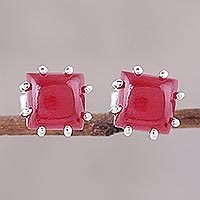 Jasper button earrings, 'Brilliant Red'