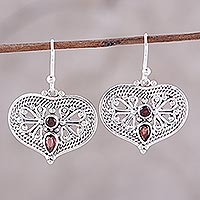 Garnet dangle earrings, 'Bubbling with Love' - Garnet and Sterling Silver Heart Shaped Dangle Earrings