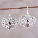 Garnet dangle earrings, 'Bubbling with Love' - Garnet and Sterling Silver Heart Shaped Dangle Earrings