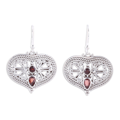 Garnet dangle earrings, 'Bubbling with Love' - Garnet and Sterling Silver Heart Shaped Dangle Earrings