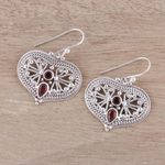 Garnet dangle earrings, 'Bubbling with Love' - Garnet and Sterling Silver Heart Shaped Dangle Earrings