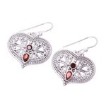 Garnet dangle earrings, 'Bubbling with Love' - Garnet and Sterling Silver Heart Shaped Dangle Earrings