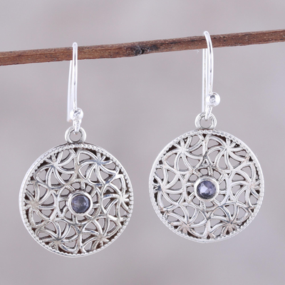 Iolite dangle earrings, 'Circular Stars' - Iolite and Sterling Silver Dangle Earrings from India