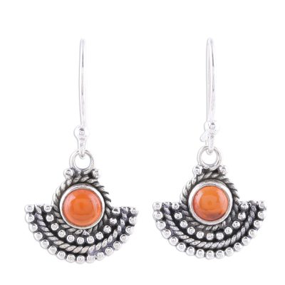 Carnelian dangle earrings, 'Fiery Fans' - Carnelian and Sterling Silver Dangle Earrings from India