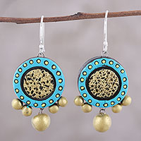 Ceramic dangle earrings, 'Sun Catchers' - Handcrafted Blue and Gold Ceramic Circle Dangle Earrings