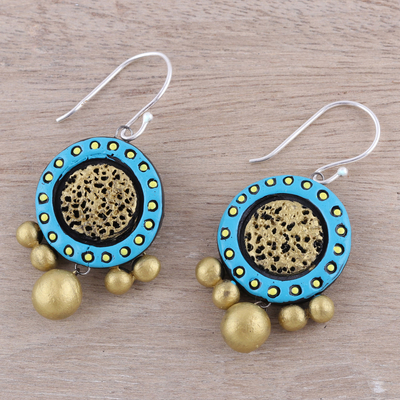 Ceramic dangle earrings, 'Sun Catchers' - Handcrafted Blue and Gold Ceramic Circle Dangle Earrings