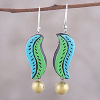 Ceramic dangle earrings, 'Sea Leaves' - Handcrafted Blue and Green Ceramic Leaf Dangle Earrings