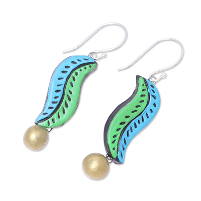 Ceramic dangle earrings, 'Sea Leaves' - Handcrafted Blue and Green Ceramic Leaf Dangle Earrings