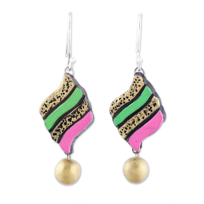 Handcrafted Pink and Green Ceramic Pennant Dangle Earrings